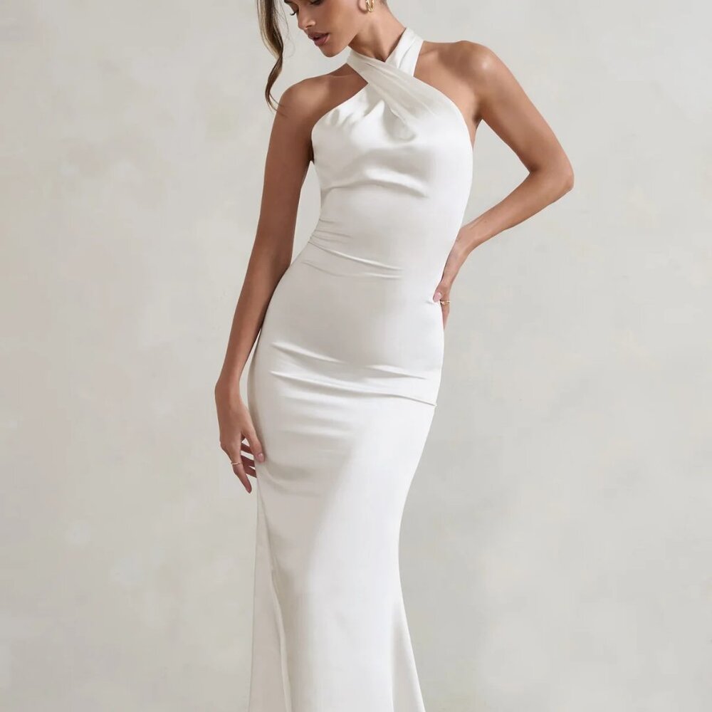 Club L "Unstoppable" White Satin Halter Neck Cross over Dress Bridal BRAND NEW 6